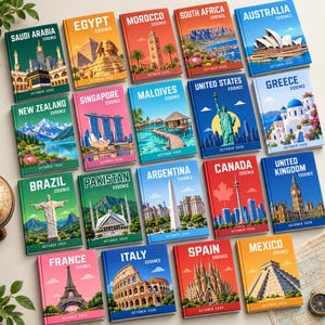 May include: A collection of twenty rectangular books arranged in a grid, each featuring a colorful illustration of a global landmark and the text 'ESSENCE' and 'OCTOBER 2026'. The covers depict locations including Saudi Arabia, Egypt, Morocco, South Africa, Australia, New Zealand, Singapore, Maldives, United States, Greece, Brazil, Pakistan, Argentina, Canada, United Kingdom, France, Italy, Spain, and Mexico.