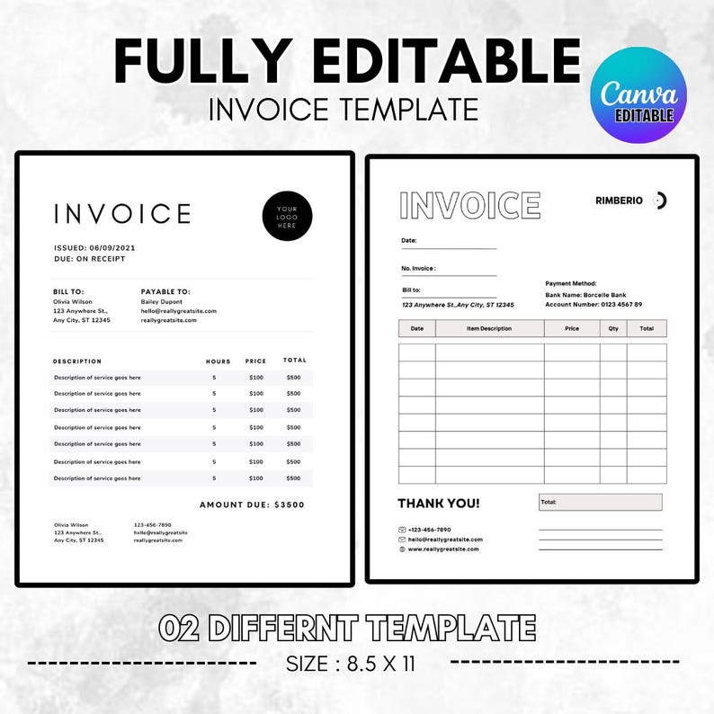 Editable Invoice Templates, 2 Style, Invoice Business Form for Small ...
