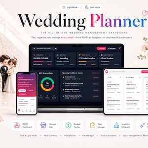 May include: A digital wedding planner dashboard displayed on a laptop, tablet, and smartphone. The interface features budget tracking, guest management, task lists, and vendor contracts. The text reads Wedding Planner and The All-In-One Wedding Management Dashboard.