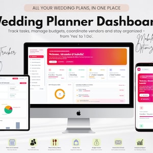 Puede incluir: Un panel de control digital para la planificación de bodas mostrado en un monitor de escritorio, una tableta y un teléfono inteligente. La interfaz presenta un encabezado degradado, seguimiento de presupuesto, gestión de tareas y herramientas.