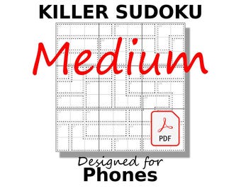 Medium Killer Sudoku for Phones PDF, 200 Moderate Puzzles, Digital Download, English, Vol. 1
