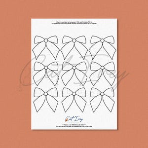 May include: A white sheet featuring a repeating pattern of bow outlines. The bows are arranged in a grid of three rows of three. The text "Cat Ivey" is at the bottom, along with other text.