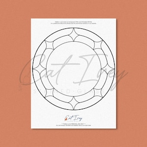 May include: A black and white stained glass pattern featuring a central circle surrounded by a ring of eight star-like shapes. The document includes text instructions at the top and bottom, with the Cat Ivey Stained Glass logo at the base.