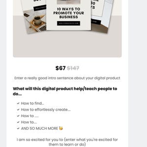 May include: Digital product advertisement with the headline "10 Ways to Promote Your Business." The image includes a laptop, coffee cup, and other office supplies. The text also lists what the product will teach people to do.