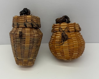 Set of 2 Mini Vintage Woven Basket Jars with Lids Made in Philippines Handcrafted Wicker Canisters Boho Rustic Decor