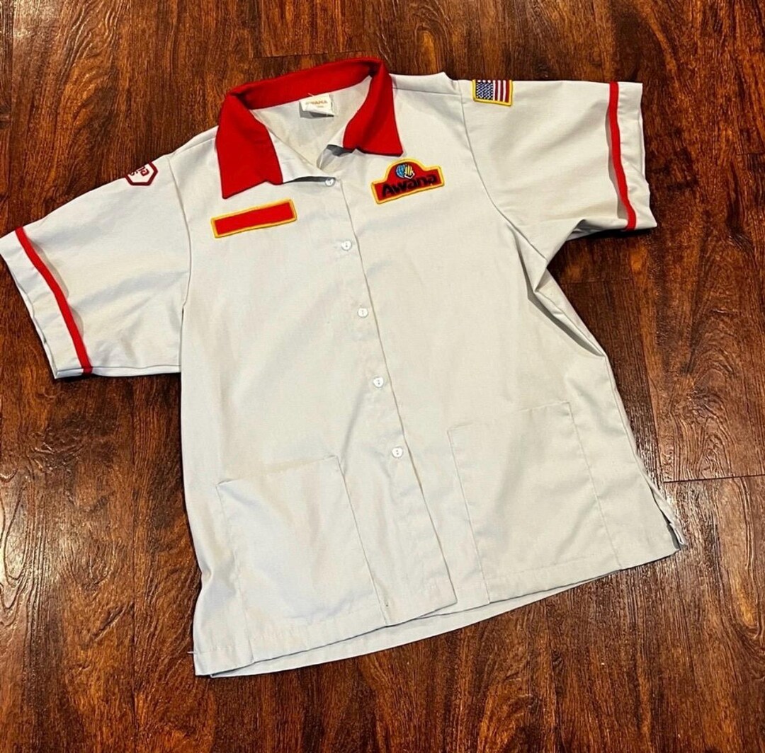 Vintage Awana Patches Gray and Red Button Down Shirt Medium Uniform ...