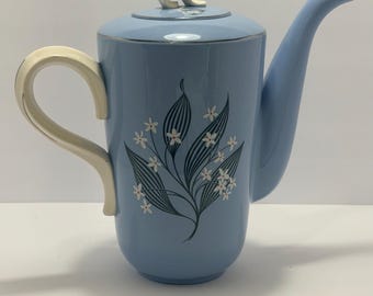 Vintage Homer Laughlin Skytone Coffee Pot Tea Pot – Blue Floral Mid-Century Modern Ceramic Coffee Server – 1955 USA – 9.5” Tall