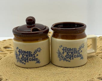Vintage Home Sweet Home Sugar Creamer Set | 1970s Farmhouse Stoneware Brown Drip Glaze