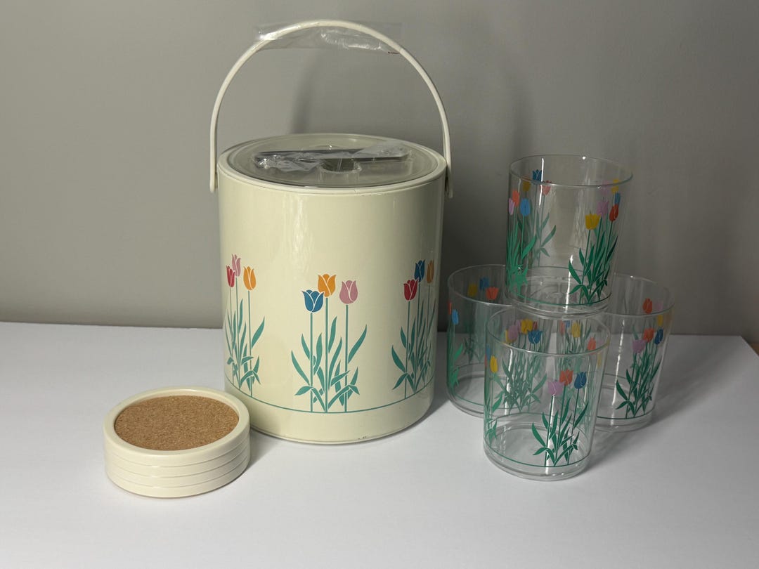 Vintage Ice Bucket Set 1980s Cottage Core Bucket, Tongs, Cups, Coasters ...