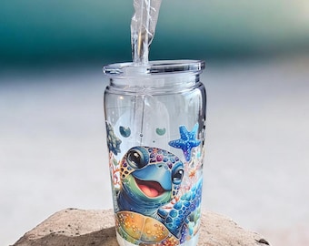Sea Turtle Plastic Cup with Lid and Straw