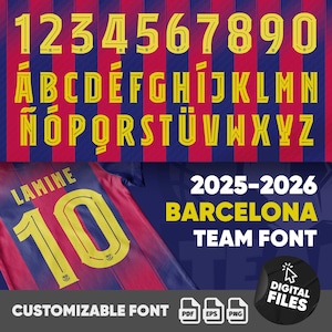 Op de afbeelding: Een digitale lettertypeset voor het voetbalteam van Barcelona, met gele cijfers en letters met een gestreept ontwerp. De afbeelding bevat een shirt met nummer 10 en de naam "LAMINE". De tekst "2025-2026 BARCELONA TEAM FONT" is ook zichtbaar.