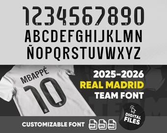 Real Madrid Soccer Jersey Font 2025-26 Digital Download | Football Shirt Typeface (TTF, EPS, PDF) | Sports Number & Letter Font