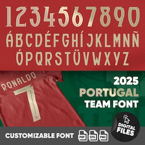 May include: A digital font set for the Portugal national football team, featuring gold numbers and letters. The image includes a red jersey with "RONALDO" and the number "7". The text "2025 PORTUGAL TEAM FONT" is also displayed.