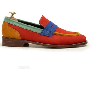 Veelkleurige suède penny loafers voor heren, handgemaakt | Leren schoenen met patchwork | Artistieke instapschoenen