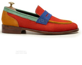 Multicolor Suede Penny Loafers for Men Handmade | Patchwork Leather Dress Shoes | Artistic Slip On Shoes