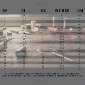 Op de afbeelding: Schoenmaten conversietabel met US, EU, UK, inches en cm maten. Bevat maten van US 5 (9 inch, 22,9 cm) tot US 16 (12 5/8 inch, 31,1 cm). De tekst legt de conversies uit.