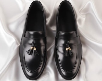 Handmade Black Leather Tassel Loafers for Men | Luxury Slip On Shoes | Formal Dress Loafers