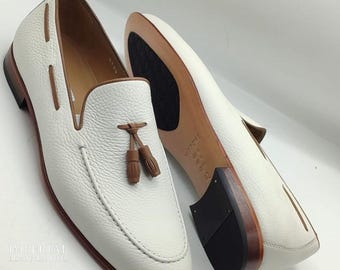 White Leather Tassel Loafers for Men Handmade | Slip On Dress Shoes | Wedding Formal Shoes Men