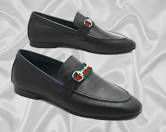 Handmade Black Leather Horsebit Loafers | Green Red Strap, Slip-On Dress Shoes