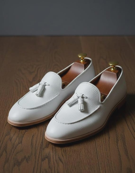 Handmade White Leather Tassel Loafers for Men | Luxury Slip On Shoes | Formal Dress Loafers