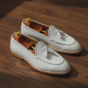 Handmade White Leather Tassel Loafers for Men | Luxury Slip On Shoes | Formal Dress Loafers image 4