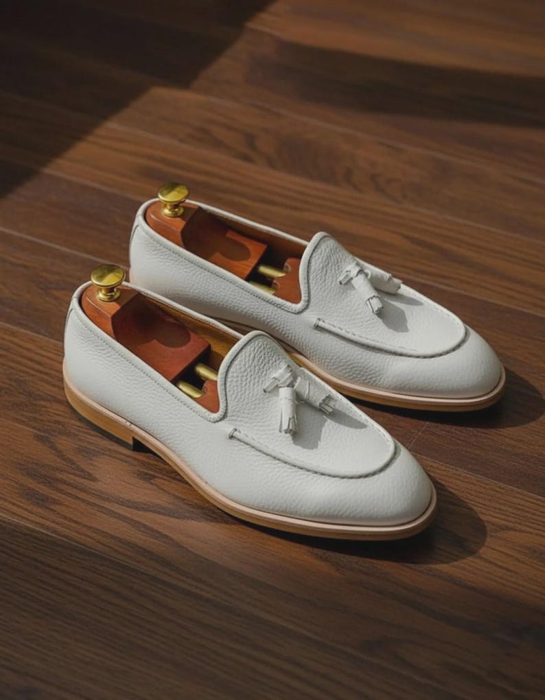 Handmade White Leather Tassel Loafers for Men | Luxury Slip On Shoes | Formal Dress Loafers image 4