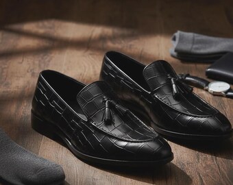 Men’s Black Crocodile Embossed Tassel Loafers – Handmade Italian Style Slip-On Dress Shoes | Luxury Formal Leather Shoes