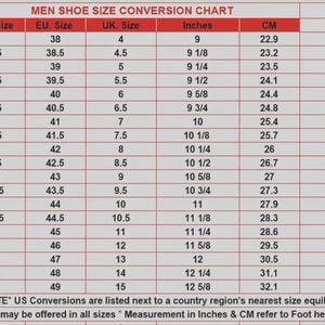 May include: A shoe size conversion chart for men, with US, EU, and UK sizes, inches, and centimeters. The chart includes sizes from US 5 to 16, with corresponding EU, UK, inch, and cm measurements. The text at the top reads "MEN SHOE SIZE CONVERSION CHART."
