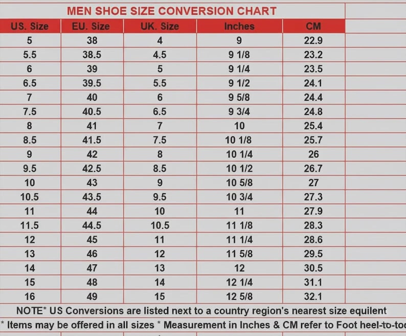 May include: A shoe size conversion chart for men, with US, EU, and UK sizes, inches, and centimeters. The chart includes sizes from US 5 to 16, with corresponding EU, UK, inch, and cm measurements. The text at the top reads "MEN SHOE SIZE CONVERSION CHART."