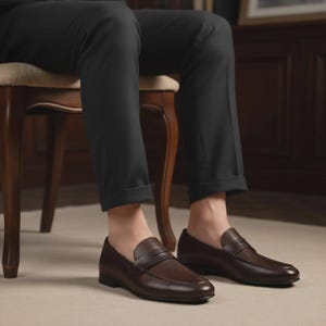 Op de afbeelding: Een paar bruine leren penny loafers. De schoenen hebben een rijke, donkerbruine kleur met een klassiek ontwerp, met een band over de bovenkant. De persoon draagt een zwarte broek en zit op een houten stoel.