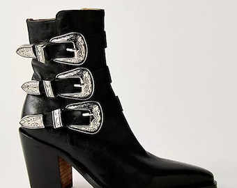 Stivali western da uomo in pelle di vacchetta nera con fibbia / Stivaletti alla caviglia stile toga con imbracatura / Ispirati alle rock star di Michael Jackson