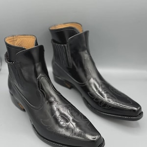 Black Western Cowboy Boots Men Handmade | Embroidered Leather Ankle Boots | Pointed Toe Dress Boots