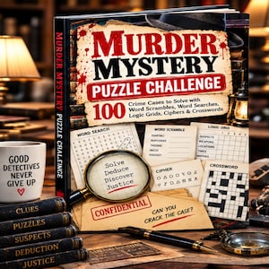 Puede incluir: Un libro de Murder Mystery Puzzle Challenge con una lupa en la portada, que incluye sopas de letras, anagramas, rejillas lógicas, cifrados y crucigramas. Una taza blanca cercana dice Good Detectives Never Give Up con un icono de corazón.