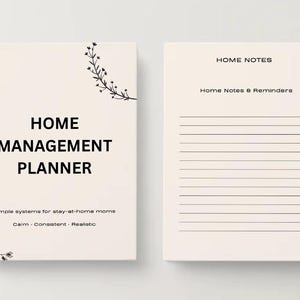 May include: A spiral-bound planner with a cream-colored cover. The cover reads "HOME MANAGEMENT PLANNER" in black text, with additional text below. The open planner shows lined pages and the words "HOME NOTES".