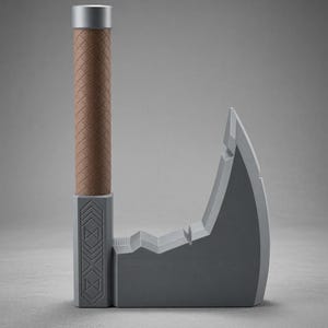 May include: A grey axe with a textured brown cylindrical handle and a silver cap. The axe head features a geometric pattern of stacked triangles and a stepped, notched top edge. The design is symmetrical and stands upright on a flat base.