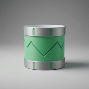 May include: A cylindrical container with a green body and silver bands at the top and bottom. The green section features a zigzag pattern. The interior is white. The container is likely for storage or decoration.