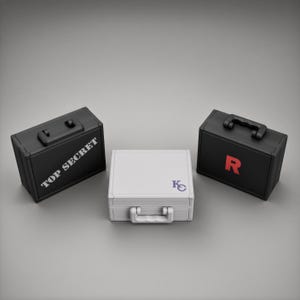Puede incluir: Tres maletines rectangulares con asas. El maletín de la izquierda es negro con el texto blanco TOP SECRET. El maletín central es blanco con un logotipo azul KC. El maletín de la derecha es negro con una letra R roja en la parte frontal.