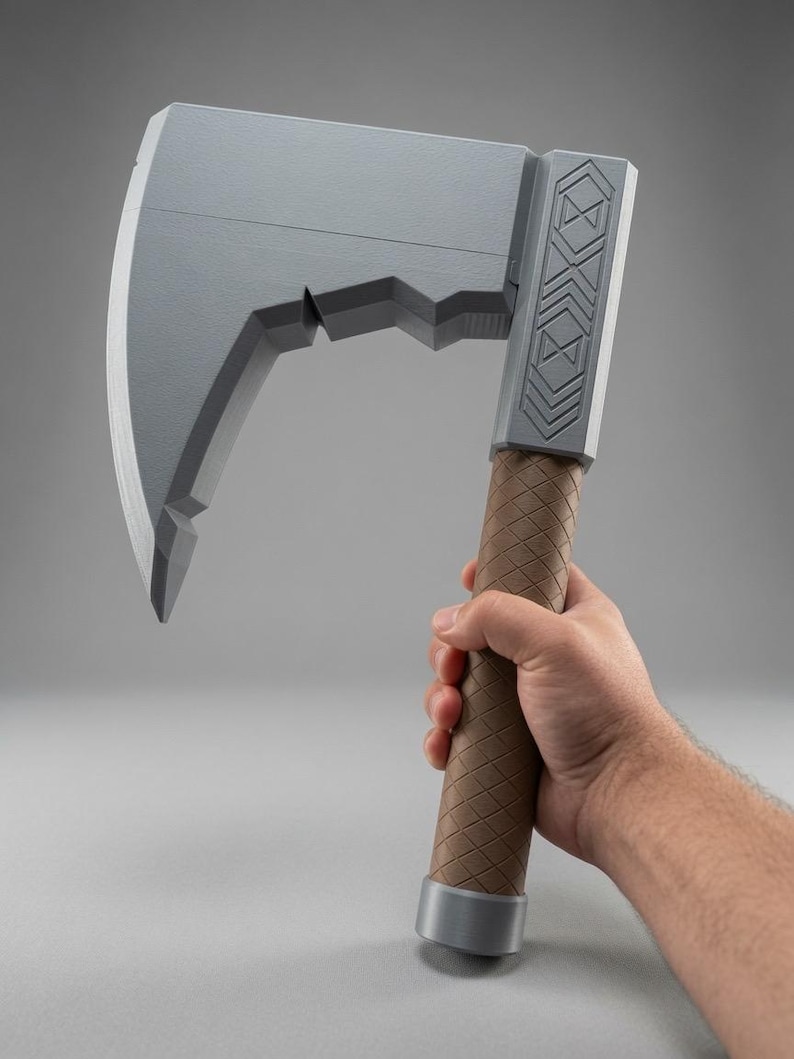 May include: A grey axe with a wide, curved blade and a jagged edge. The handle is brown with a cross-hatched texture, and the head features a rectangular section with engraved geometric patterns. The base of the handle has a smooth grey cap.