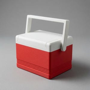 May include: A rectangular portable cooler featuring a vibrant red base and a contrasting white lid. The cooler includes a sturdy white handle attached to the sides, allowing for easy transport. The exterior surface has horizontal ribbed detailing.
