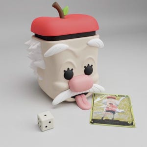 Könnte beinhalten: Eine skurrile, cartoonartige Figur mit einem roten, apfelförmigen Deckel, einem weißen Schnurrbart und einer rosa Zunge. Ein Würfel und eine Sammelkarte mit einer Charakterillustration sind ebenfalls vorhanden.