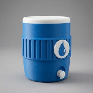 May include: A cylindrical blue water cooler with a white lid and a white spigot at the base. The exterior features a textured finish and a wide, ribbed middle band with a circular white emblem displaying a blue water drop icon on the front.