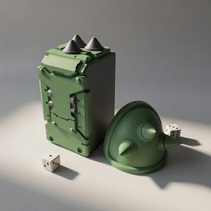 May include: A green, geometric-shaped object with three black cone-shaped protrusions on top, next to a matching green helmet with a single cone. Two white dice with black dots are also present. The objects are on a light surface.