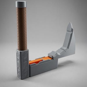 May include: A grey and brown axe-shaped object with a vertical handle featuring a cross-hatched texture. The base is rectangular with geometric engravings, and the horizontal blade section reveals bright orange interior segments.