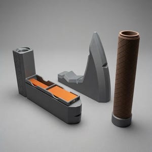 May include: A set of three grey and brown objects including a rectangular grey container with two orange interior compartments, a grey angular wedge-shaped piece with a pointed top, and a cylindrical brown textured handle with a grey base.