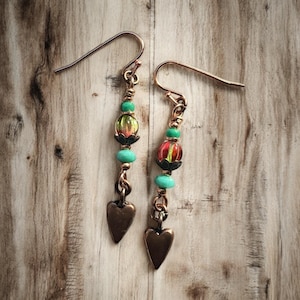 Czech glass earrings, copper ear wires, boho chic, dangle earrings, heart earrings