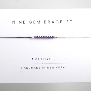 Amethyst Bracelet, Tiny Gemstone Bracelet, Minimalist Adjustable Gold-Filled String Jewelry, Nine Gems