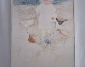 Mid C Painting "Girl with Chicks", Signed Hasler