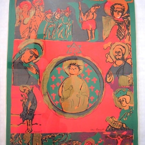 May include: A vintage poster with a colorful, abstract design featuring a central image of a child surrounded by figures and symbols. The poster has the words "Peace Peace" at the top and is signed "Alan Leroy 1967".