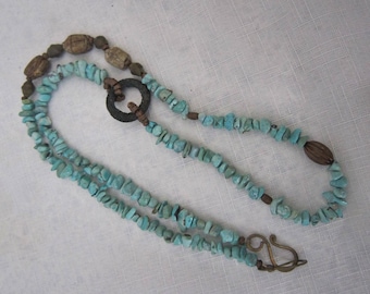 Vintage Chunky Turquoise Necklace Scarab Beads