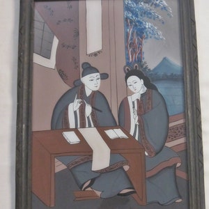 1940s Chinese Figurative Reverse Glass Painting, Framed